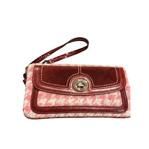 Coach wristlet, retro, houndstooth pink and gray with burgundy trim